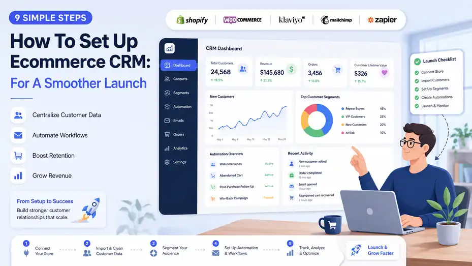 An informative illustration about How To Set Up Ecommerce CRM: 9 Simple Steps for a Smoother Launch