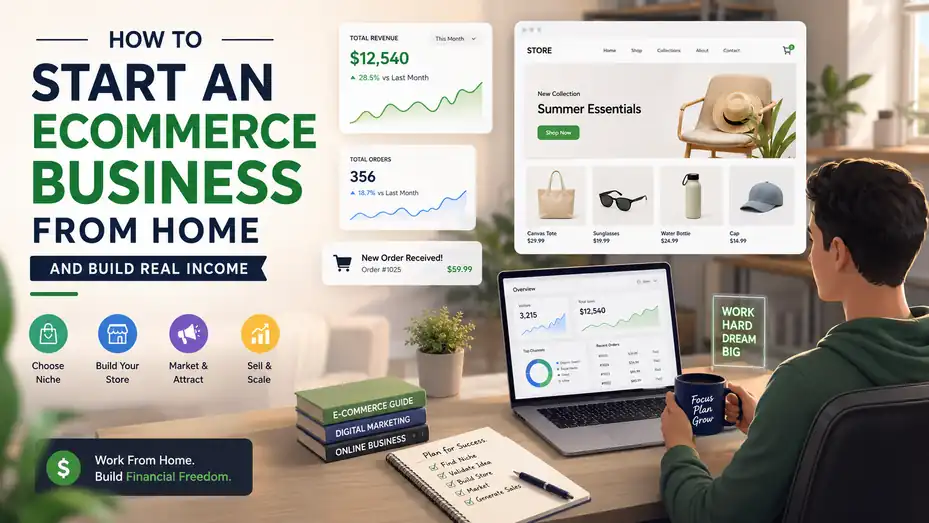 An informative illustration about How To Start An Ecommerce Business From Home and Build Real Income