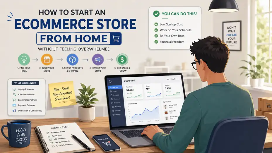 An informative illustration about How To Start An Ecommerce Store From Home Without Feeling Overwhelmed