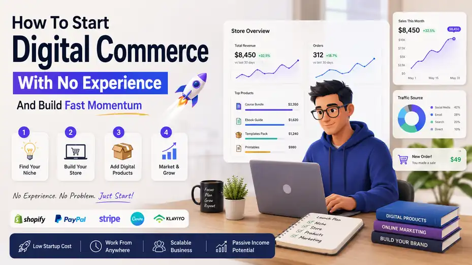 An informative illustration about How To Start Digital Commerce With No Experience And Build Fast Momentum