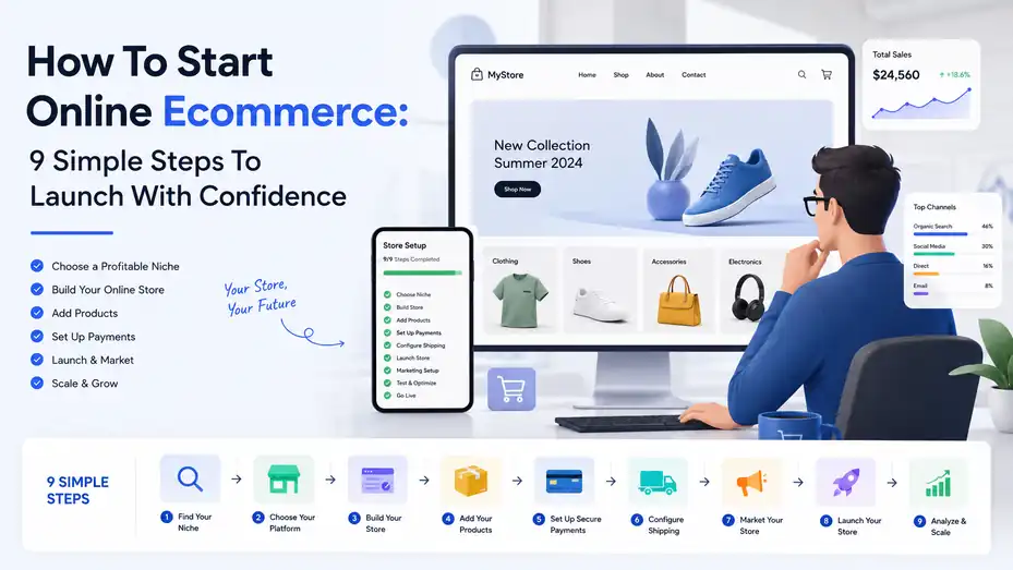 An informative illustration about How To Start Online Ecommerce: 9 Simple Steps To Launch With Confidence