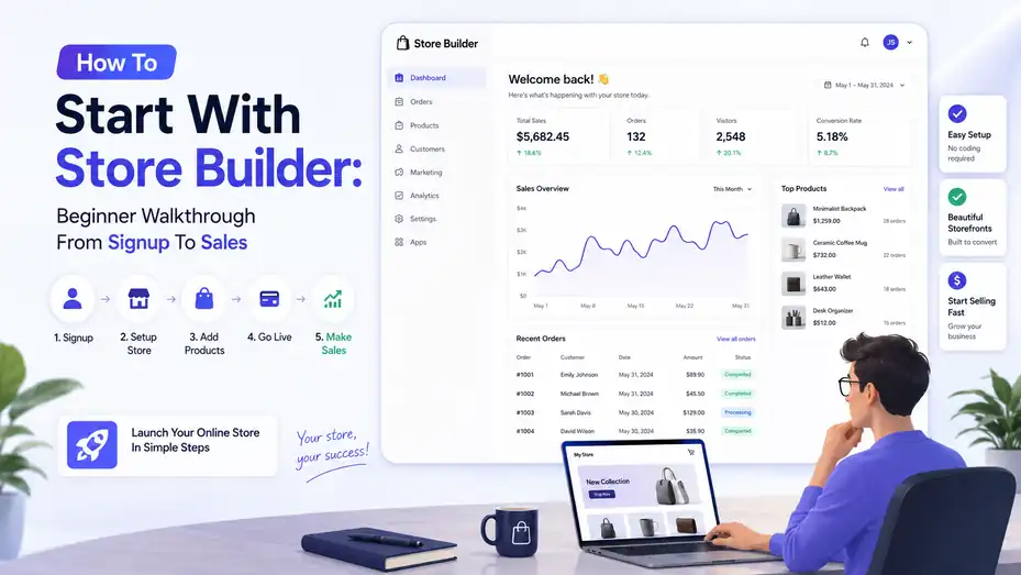 An informative illustration about How To Start With Store Builder: Beginner Walkthrough From Signup To Sales