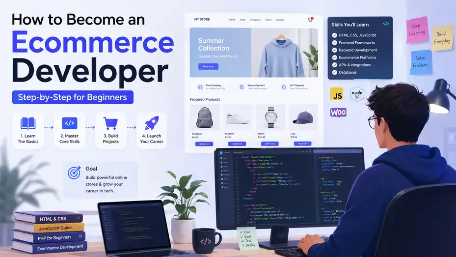 An informative illustration about How to Become an Ecommerce Developer Step-by-Step for Beginners
