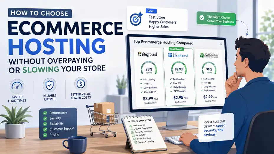 An informative illustration about How to Choose Ecommerce Hosting Without Overpaying or Slowing Your Store