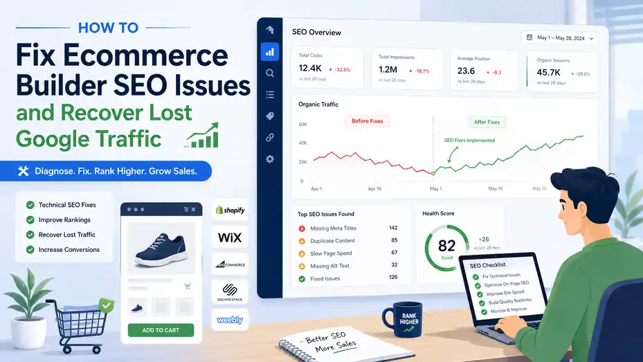 An informative illustration about How to Fix Ecommerce Builder SEO Issues and Recover Lost Google Traffic
