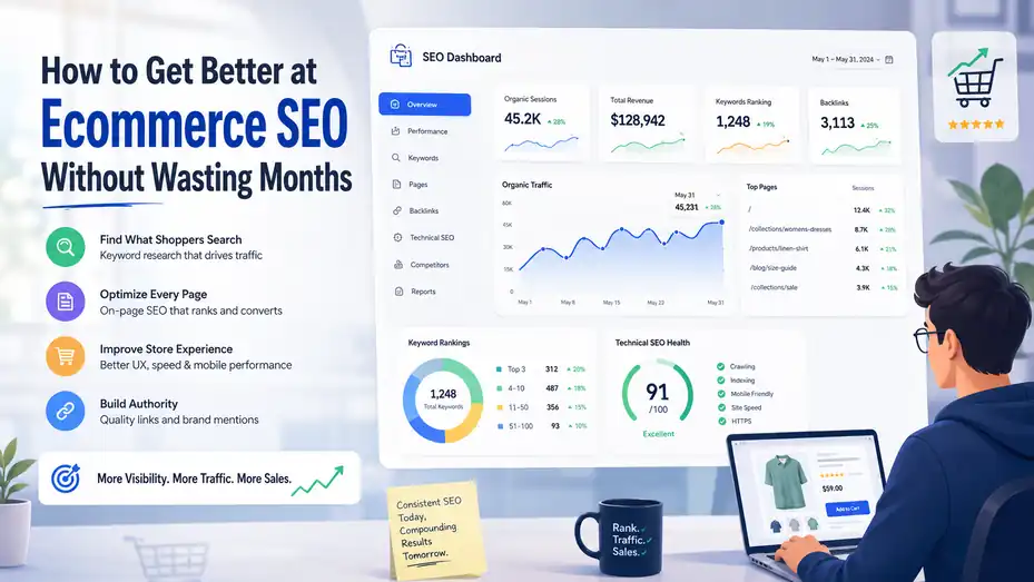 An informative illustration about How to Get Better at Ecommerce SEO Without Wasting Months