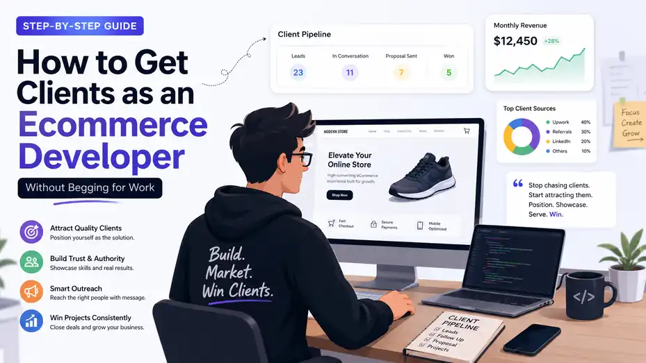An informative illustration about How to Get Clients as an Ecommerce Developer Without Begging for Work