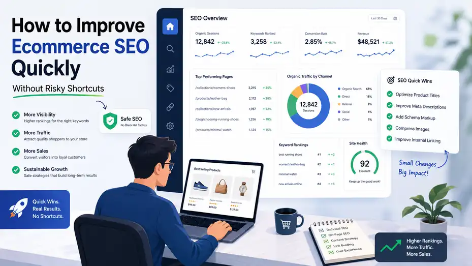An informative illustration about How to Improve Ecommerce SEO Quickly Without Risky Shortcuts