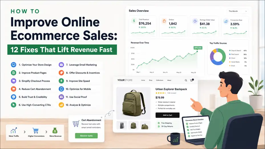 An informative illustration about How to Improve Online Ecommerce Sales: 12 Fixes That Lift Revenue Fast