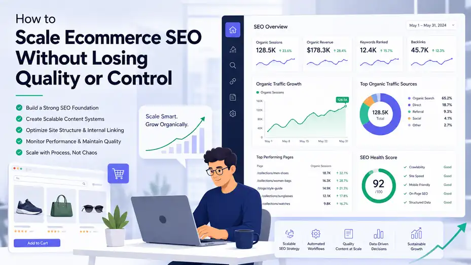 An informative illustration about How to Scale Ecommerce SEO Without Losing Quality or Control
