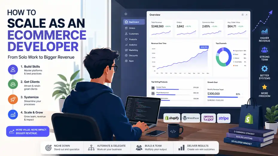 An informative illustration about How to Scale as an Ecommerce Developer From Solo Work to Bigger Revenue
