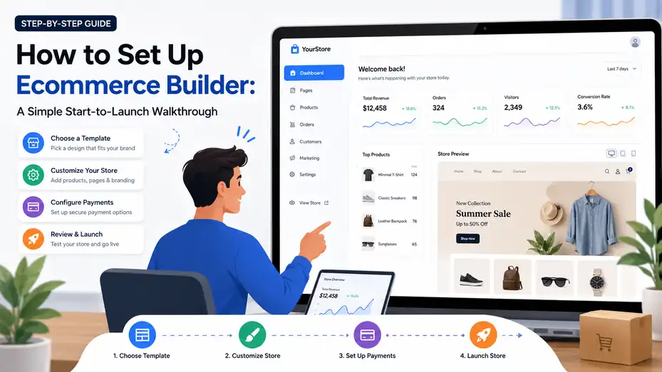 An informative illustration about How to Set Up Ecommerce Builder: A Simple Start-to-Launch Walkthrough