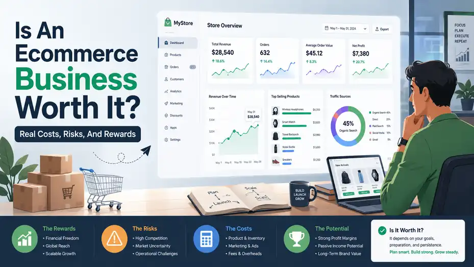 An informative illustration about Is An Ecommerce Business Worth It? Real Costs, Risks, And Rewards