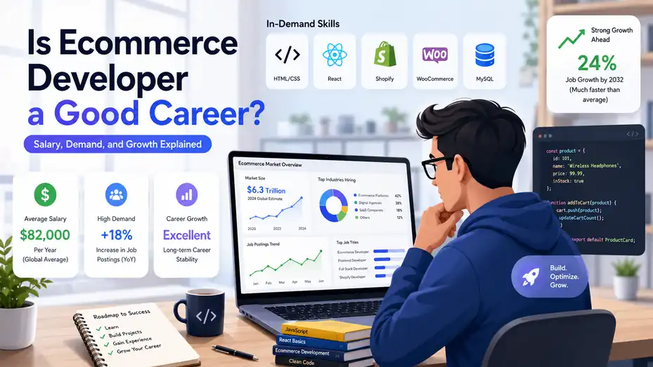 An informative illustration about Is Ecommerce Developer a Good Career Salary, Demand, and Growth Explained