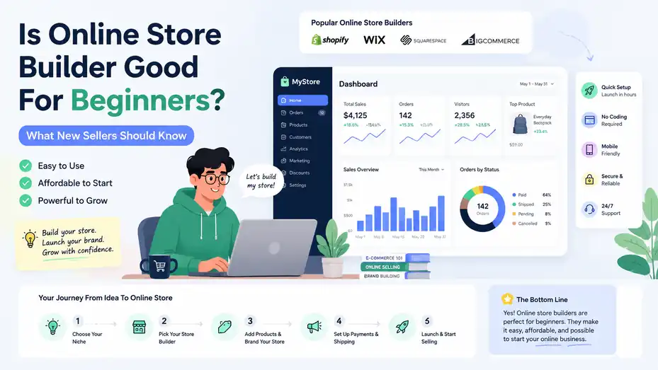 An informative illustration about Is Online Store Builder Good For Beginners? What New Sellers Should Know
