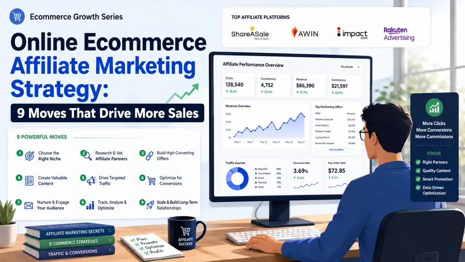 An informative illustration about Online Ecommerce Affiliate Marketing Strategy: 9 Moves That Drive More Sales