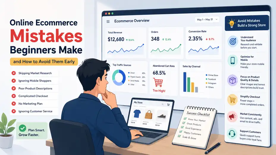 An informative illustration about Online Ecommerce Mistakes Beginners Make and How to Avoid Them Early