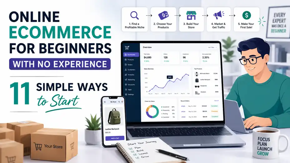 An informative illustration about Online Ecommerce for Beginners With No Experience: 11 Simple Ways to Start