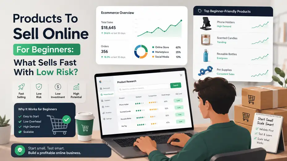 An informative illustration about Products To Sell Online For Beginners: What Sells Fast With Low Risk?