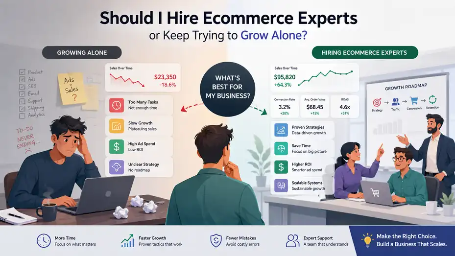 An informative illustration about Should I Hire Ecommerce Experts or Keep Trying to Grow Alone?