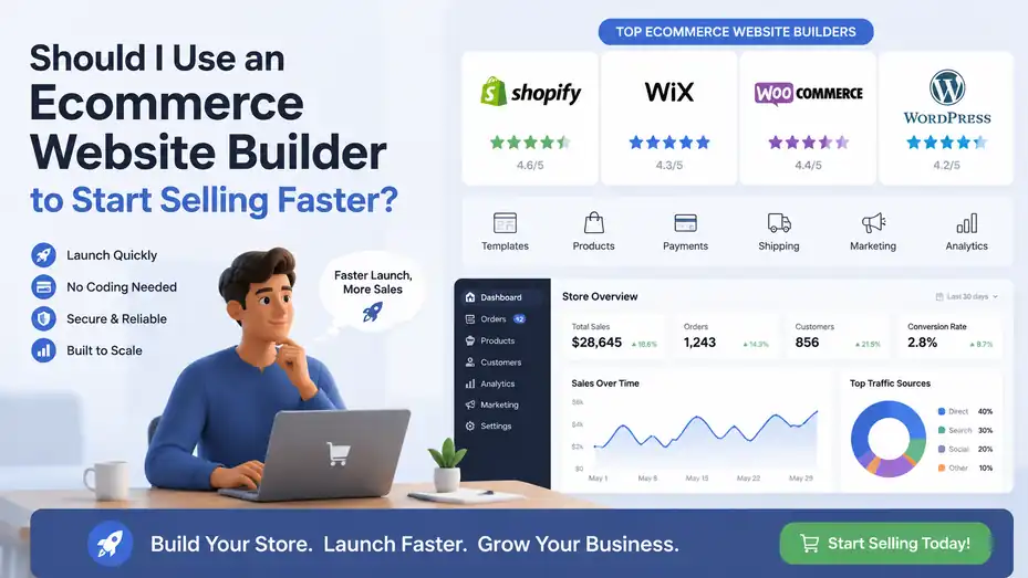 An informative illustration about Should I Use an Ecommerce Website Builder to Start Selling Faster?