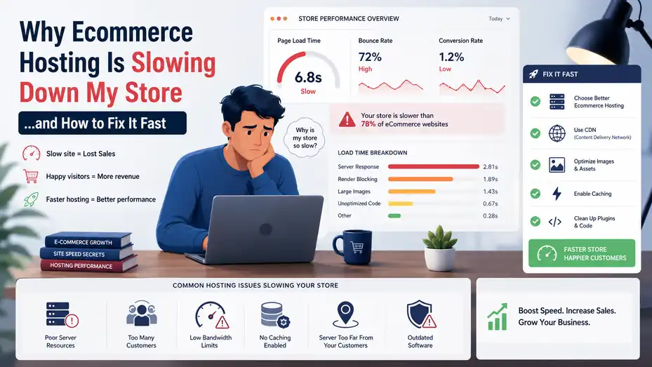 An informative illustration about Why Ecommerce Hosting Is Slowing Down My Store and How to Fix It Fast