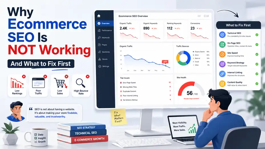 An informative illustration about Why Ecommerce SEO Is Not Working and What to Fix First