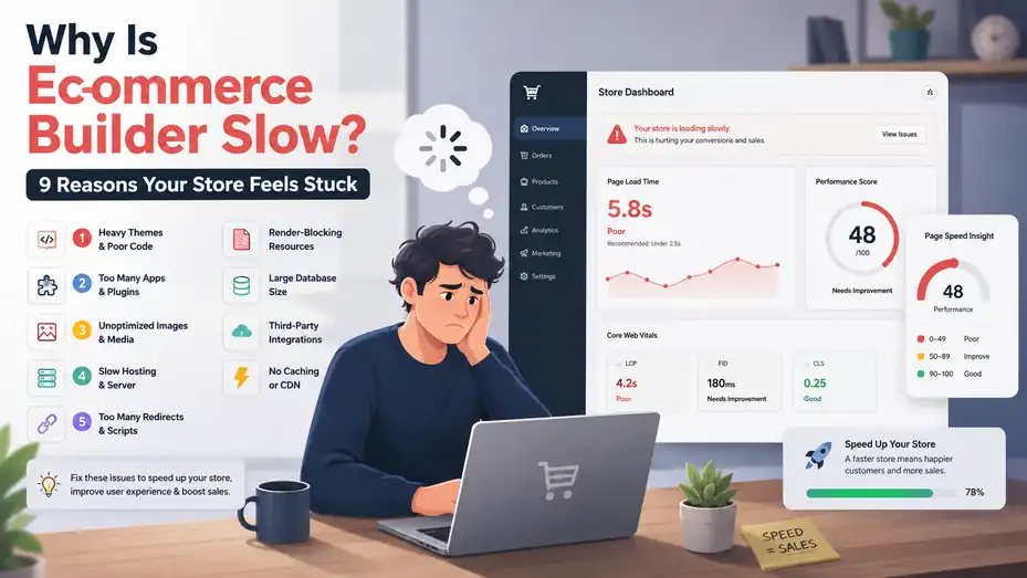 An informative illustration about Why Is Ecommerce Builder Slow? 9 Reasons Your Store Feels Stuck
