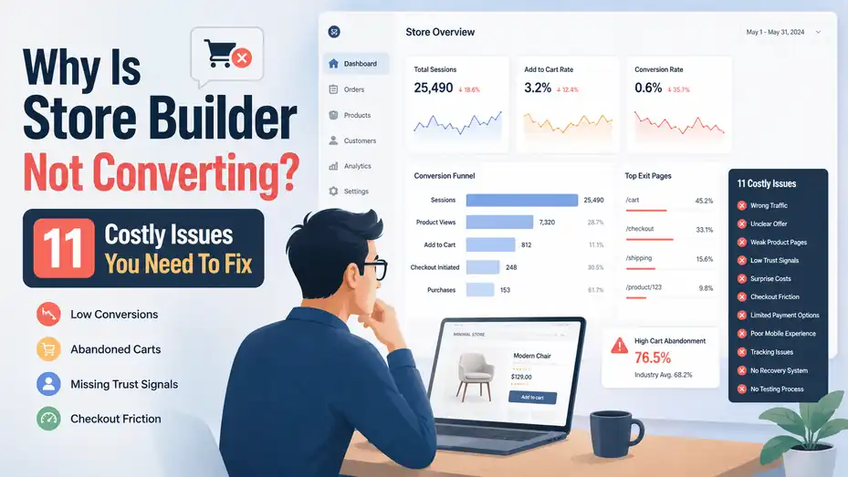 An informative illustration about Why Is Store Builder Not Converting? 11 Costly Issues You Need To Fix