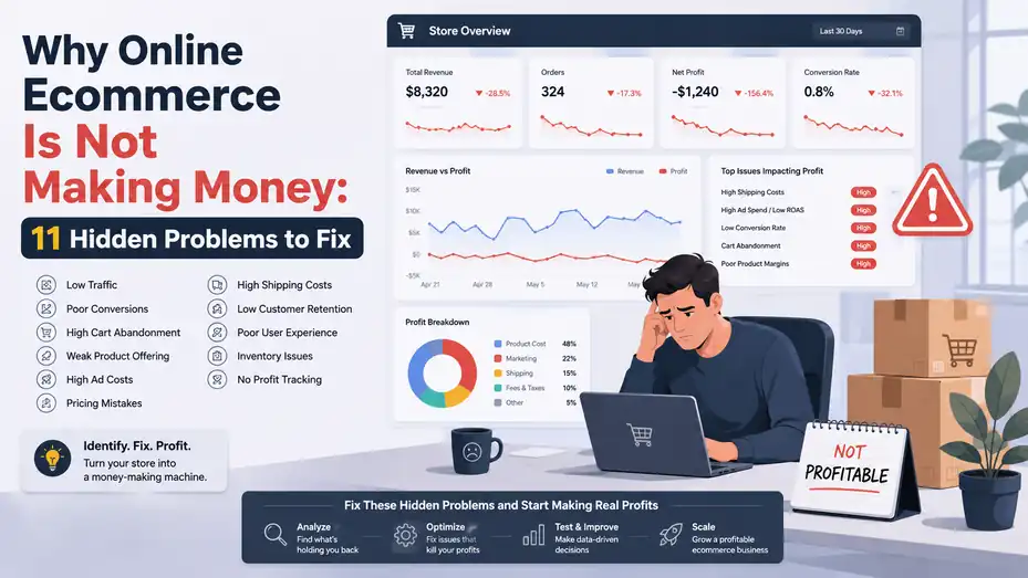 An informative illustration about Why Online Ecommerce Is Not Making Money: 11 Hidden Problems to Fix