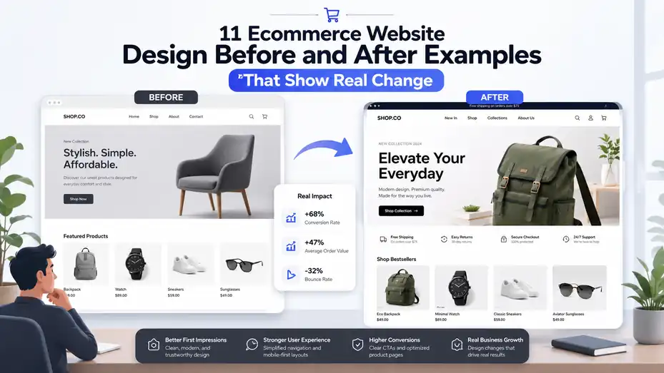 An informative illustration about 11 Ecommerce Website Design Before and After Examples That Show Real Change