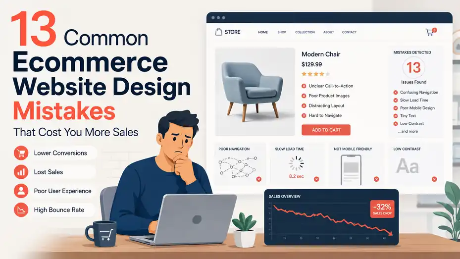 An informative illustration about 13 Common Ecommerce Website Design Mistakes That Cost You More Sales