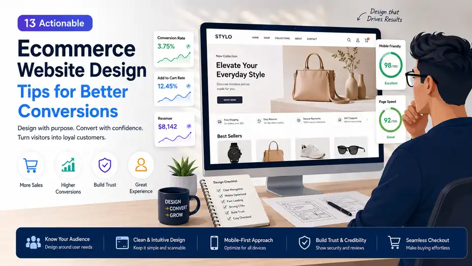 An informative illustration about 13 Ecommerce Website Design Tips for Better Conversions and More Sales
