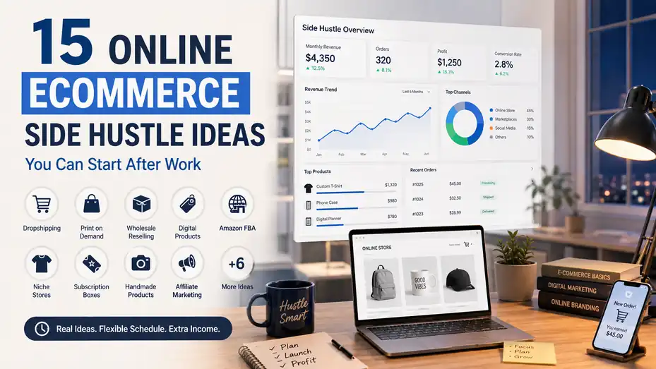 An informative illustration about 15 Online Ecommerce Side Hustle Ideas You Can Start After Work
