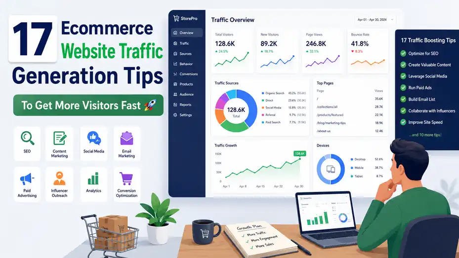 An informative illustration about 17 Ecommerce Website Traffic Generation Tips To Get More Visitors Fast
