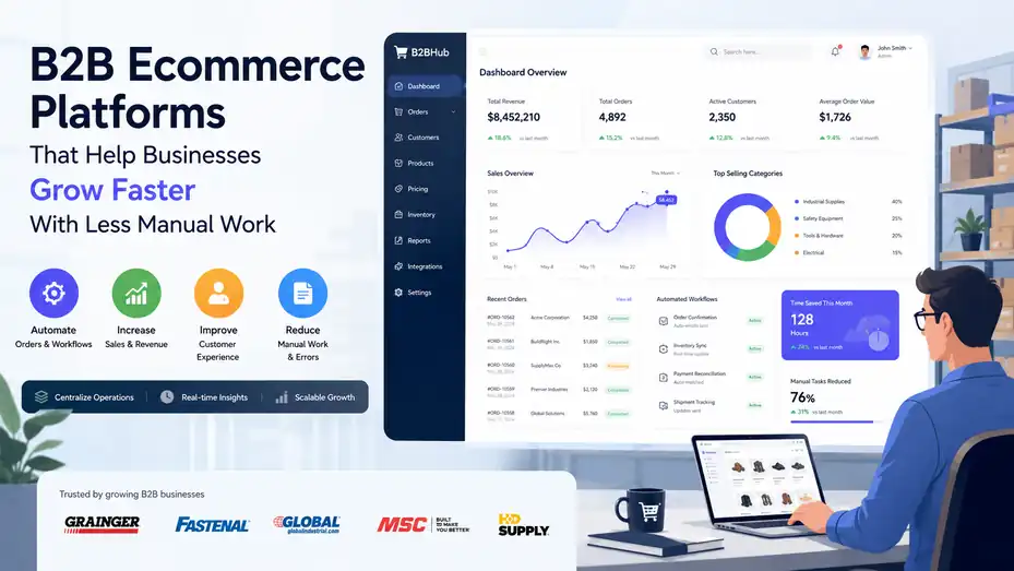 An informative illustration about B2B Ecommerce Platforms That Help Businesses Grow Faster With Less Manual Work
