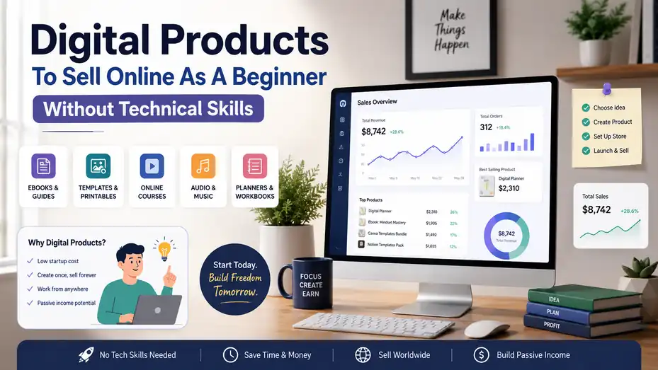 An informative illustration about Digital Products To Sell Online As A Beginner Without Technical Skills