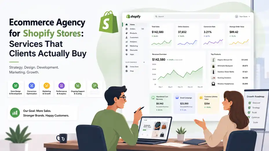 An informative illustration about Ecommerce Agency for Shopify Stores: Services That Clients Actually Buy