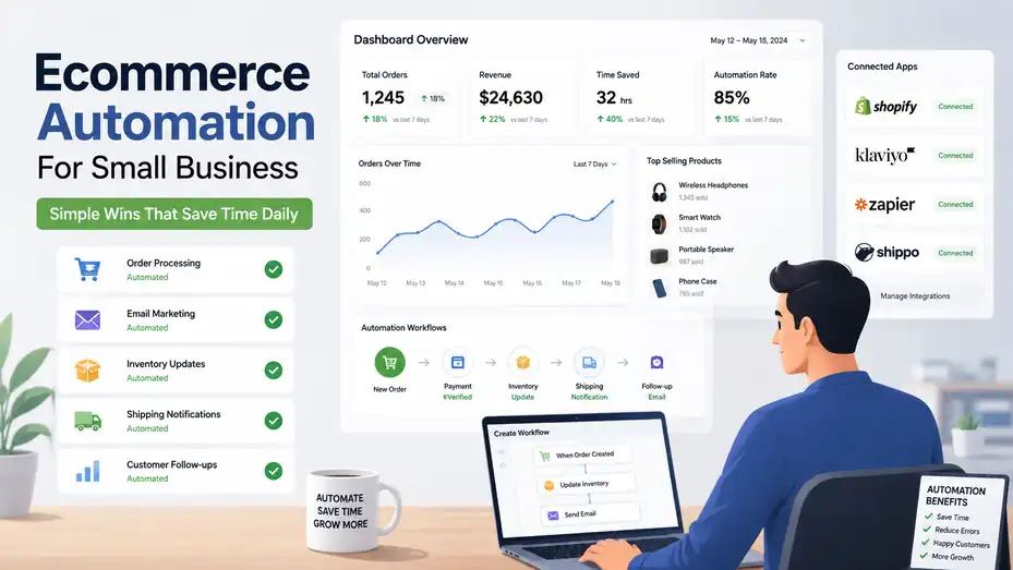 An informative illustration about Ecommerce Automation For Small Business: Simple Wins That Save Time Daily