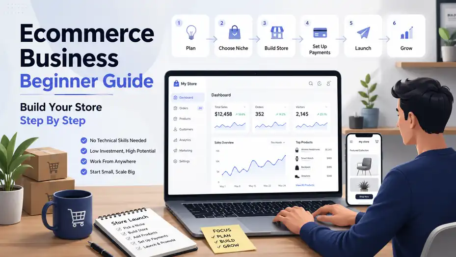 An informative illustration about Ecommerce Business Beginner Guide: Build Your Store Step By Step