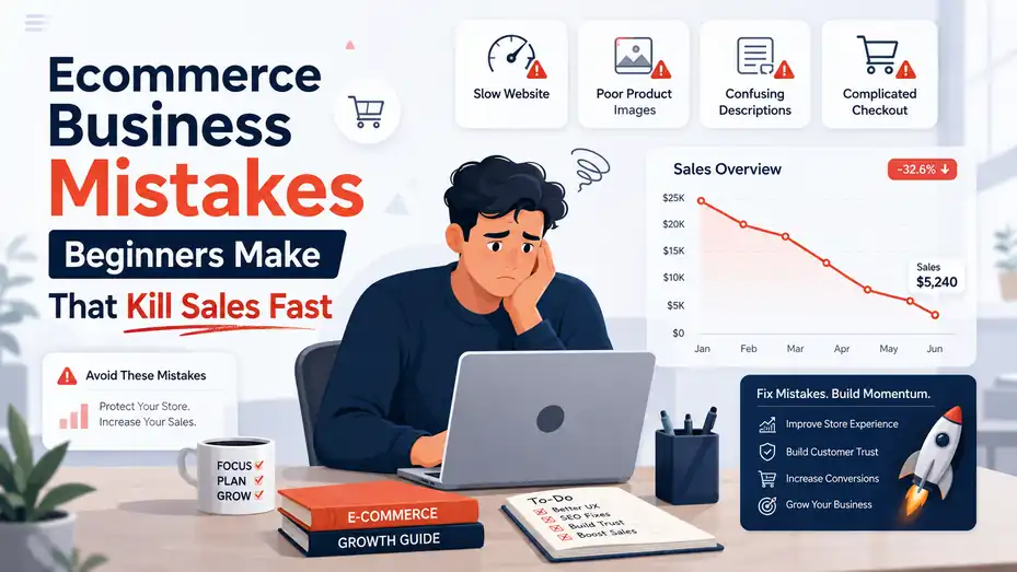 An informative illustration about Ecommerce Business Mistakes Beginners Make That Kill Sales Fast
