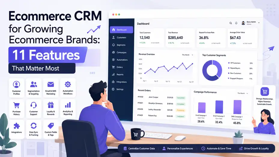 An informative illustration about Ecommerce CRM for Growing Ecommerce Brands: 11 Features That Matter Most