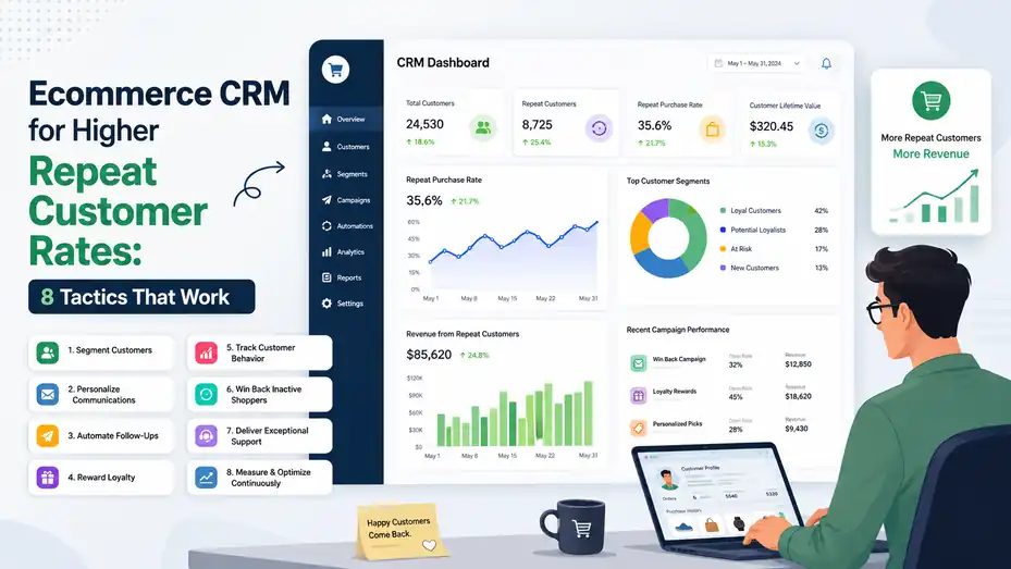 An informative illustration about Ecommerce CRM for Higher Repeat Customer Rates: 8 Tactics That Work