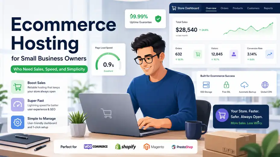 An informative illustration about Ecommerce Hosting for Small Business Owners Who Need Sales, Speed, and Simplicity