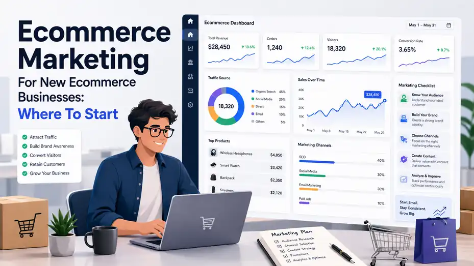 An informative illustration about Ecommerce Marketing For New Ecommerce Businesses: Where To Start