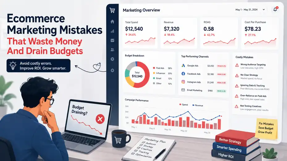 An informative illustration about Ecommerce Marketing Mistakes That Waste Money And Drain Budgets