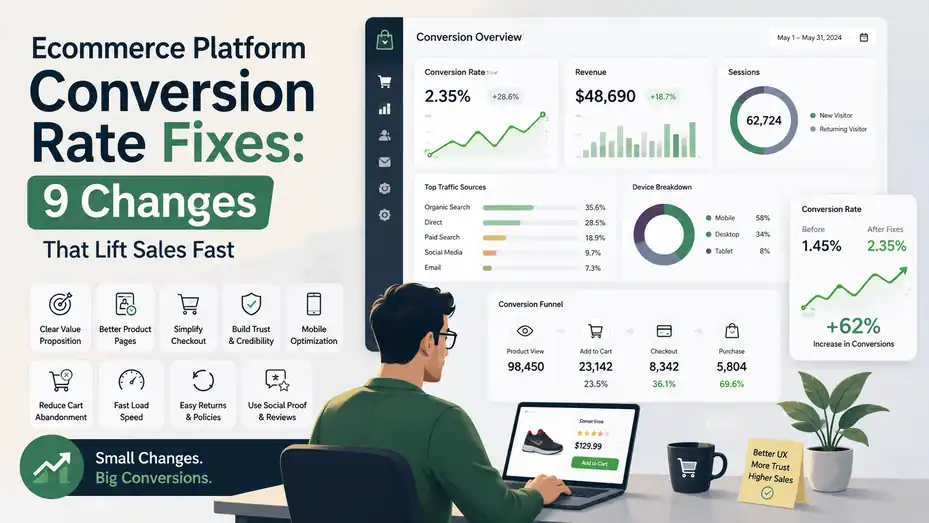 An informative illustration about Ecommerce Platform Conversion Rate Fixes: 9 Changes That Lift Sales Fast