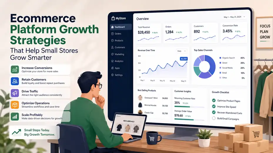 An informative illustration about Ecommerce Platform Growth Strategies That Help Small Stores Grow Smarter