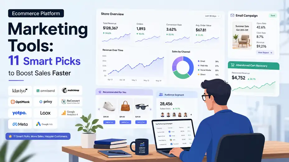 An informative illustration about Ecommerce Platform Marketing Tools: 11 Smart Picks to Boost Sales Faster