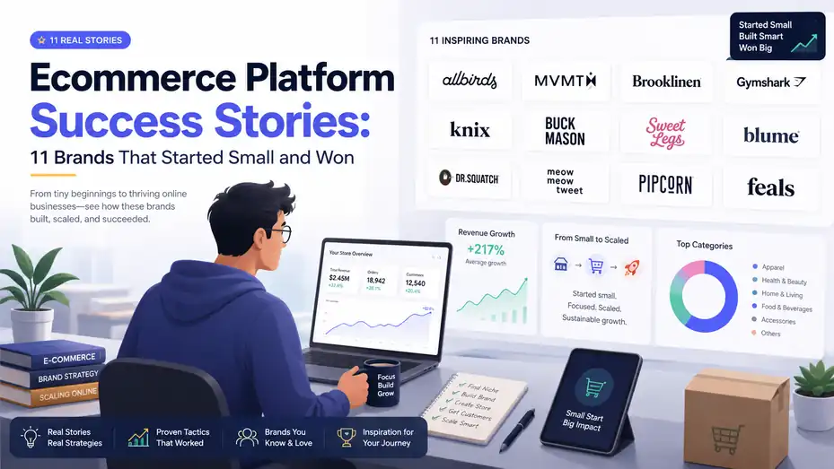 An informative illustration about Ecommerce Platform Success Stories: 11 Brands That Started Small and Won